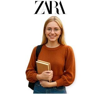 ZARA L/S Russet Puff-Sleeve Knit Top Cotton Nylon Blend EUC Size S Autumn Cozy